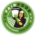 Fair Food logo. Shows a woman farmworker holding a bucket of tomatoes. It says: Fair Food. Consumer Powered. Worker Centered.