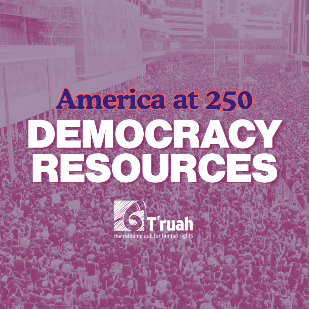 Graphic with large crowd in background that says America at 250 Democracy Resources