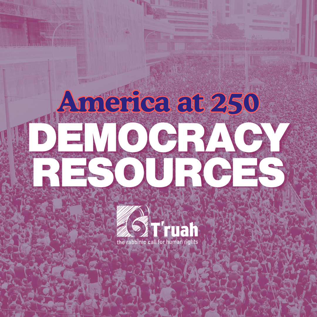 Graphic with large crowd in background that says America at 250 Democracy Resources